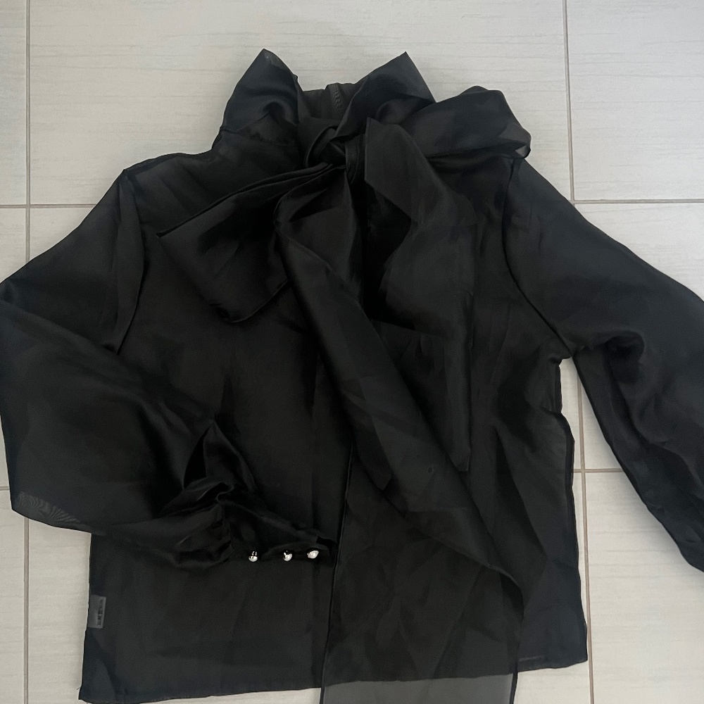 Sheer black blouse with bow